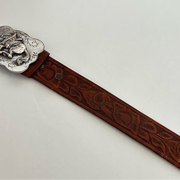 Burton Cowhide Brown Leather Tooled Belt Silver-toned Horse Buckle Western - Picture 6 of 8